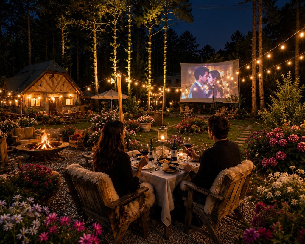 Área externa romântica do Bistrot de Ville com casal, flores e luzes