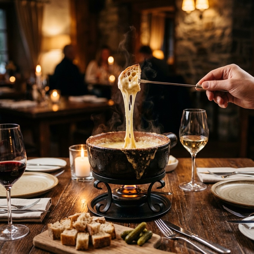 Fondue de queijo cremoso servido à mesa