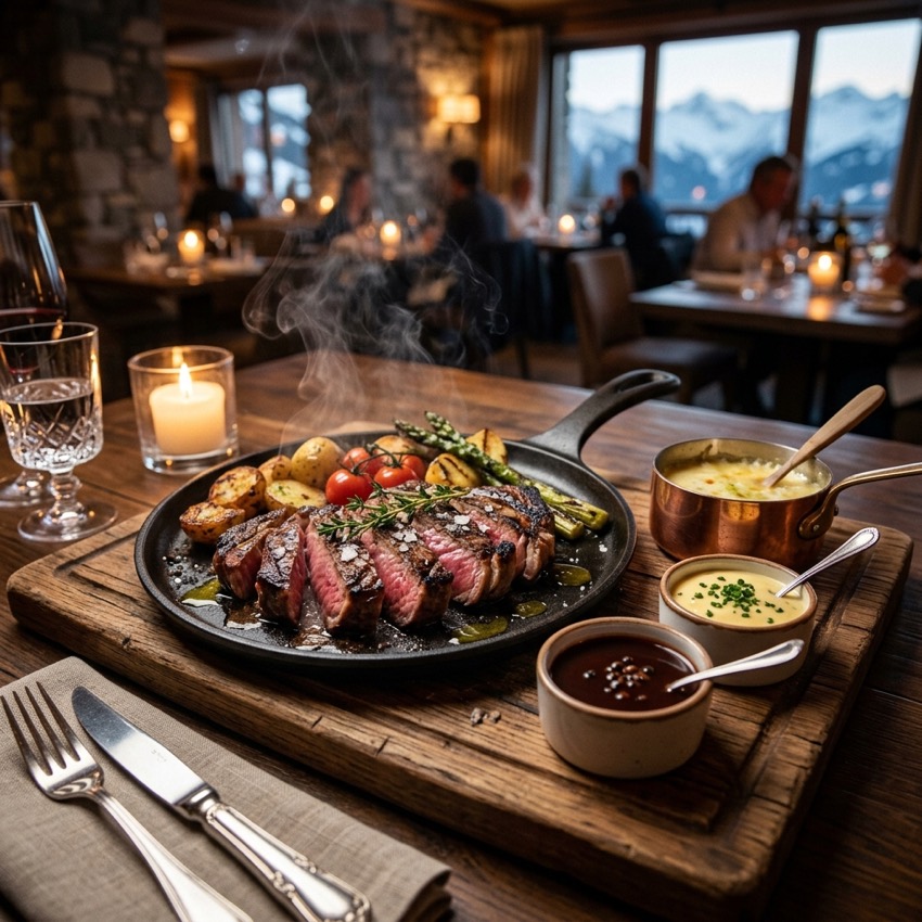Sequência de carnes com ancho black angus na chapa e fondue de queijo